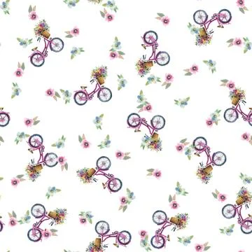 Eamless pattern with bicycles and flowers Stock Illustration