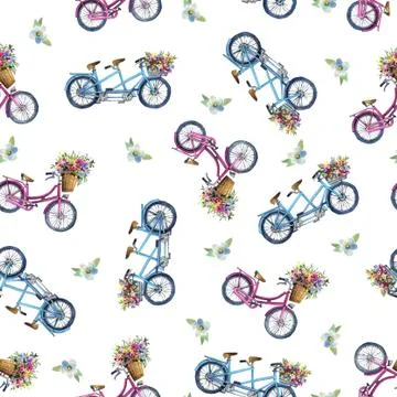 Eamless pattern with bicycles and flowers Illustrazione stock