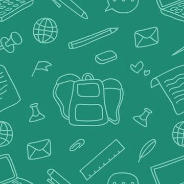 Eamless pattern of doodle line art school supplies on a green background.Ve.. Stock Illustration