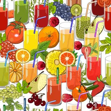 Eamless pattern with natural juice and fruit. Vector endless hand drawn illus Stock Illustration