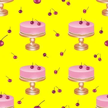 Eamless pattern of slice of pink cake with cherries. Vector illustration Stock Illustration