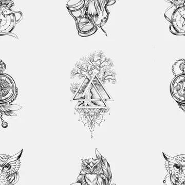 Eamless pattern in the triangle tree owl and watch on a white background. Stock Illustration