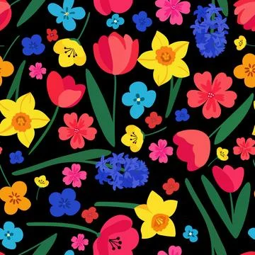 Eamless spring flowers pattern vector design with hyacinths tulips daffodil.. Stock Illustration
