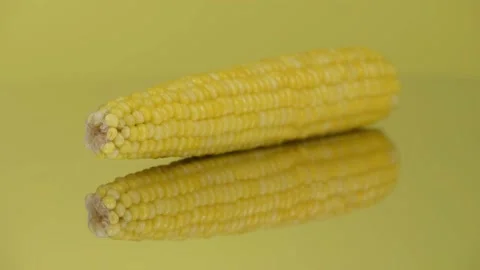 An ear of boiled corn on yellow mirror. Extrem close-up. Side view. Stock Footage 162950283