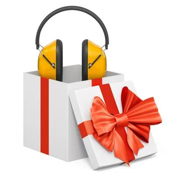 Ear defenders inside gift box, present concept. 3D rendering Ilustración de archivo
