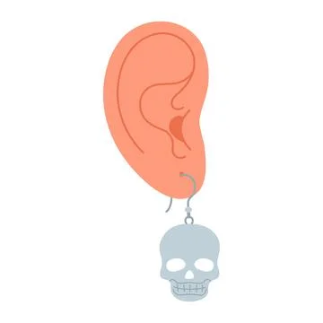Ear with earring. Silver skull earring, fashion metal jewelry modern flat style Ilustração Stock