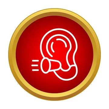Ear with hearing aid device icon showing sound waves Stock Illustration