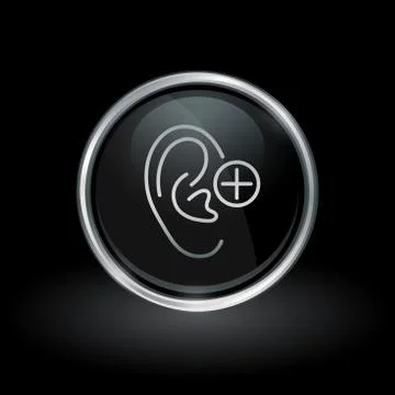 Ear hearing icon inside round silver and black emblem Stock Illustration