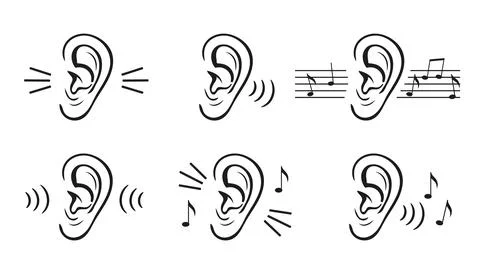 Ear, hearing test icon set. Sound perception. Hear noise or music. Vector Stock Illustration