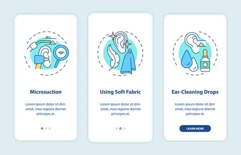 Ear hygiene methods onboarding mobile app page screen with concepts Stock Illustration