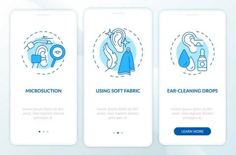 Ear hygiene practice onboarding mobile app page screen with concepts Illustrazione stock