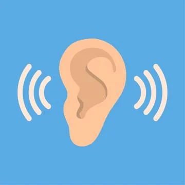 Ear listen vector icon on blue background. Ear vector icon. Listening vector Stock Illustration