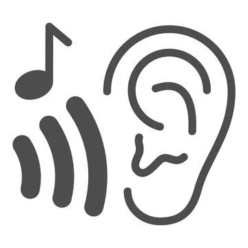 Ear with sound wave and note, listen to music solid icon, sound design concept Stock Illustration