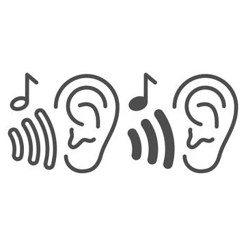 Ear with sound wave and note, listen to music line and solid icon, sound design Stock Illustration