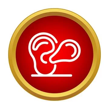 Ear with sound waves line icon on red button Stock Illustration