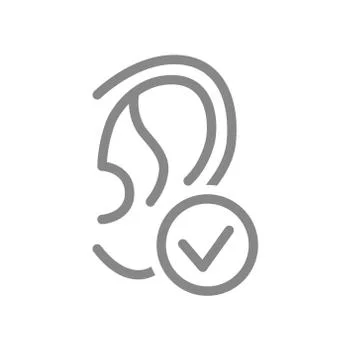 Ear with tick checkmark line icon. Hearing organ, ear check symbol Stock Illustration