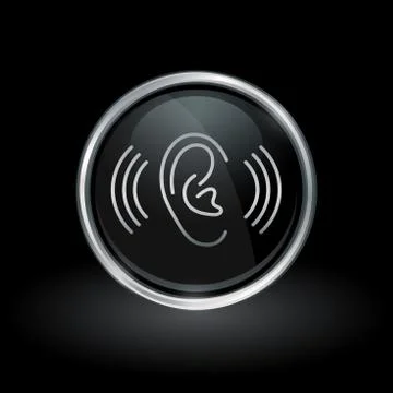 Ear volume icon inside round silver and black emblem Stock Illustration