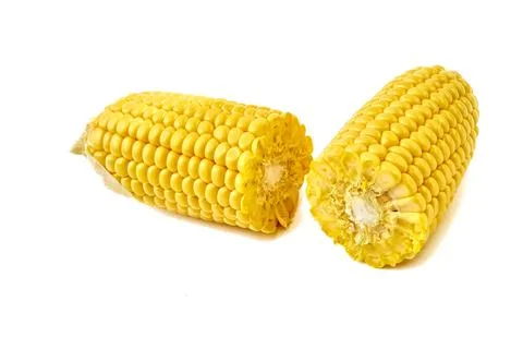 An ear of young appetizing corn, divided into two halves on a white backgroun Foto stock