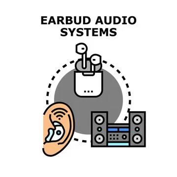 Earbud audio systems connecting sound technology listening Stock Illustration