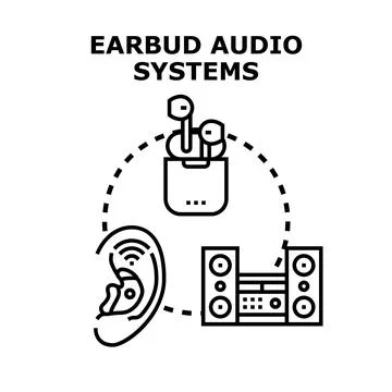Earbud audio systems connecting sound technology listening Stock Illustration