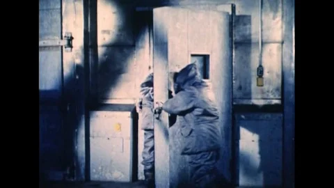 Early 1960s nuclear reactor control room footage and a tank being subjected to 스톡 동영상 118837525