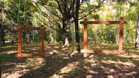Early autumn. Two wooden frames hang on a tree branch Stock Footage 211355732