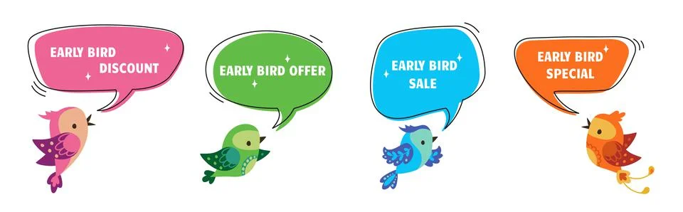 Early bird discount price. Modern advertising labels with flat birds. Special Stock Illustration