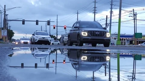 Early Cloudy Morning Rush Hour Traffic Big Puddle Reflection Stock Footage 221334778