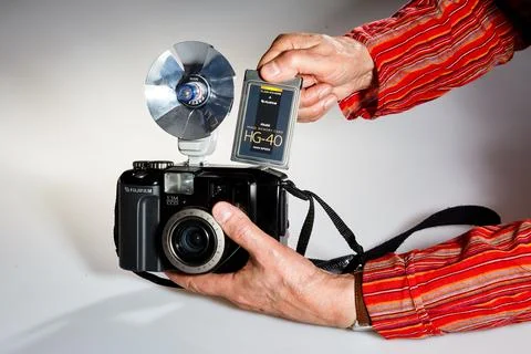 Early compact digital camera and 40MB memory card Stock Photos
