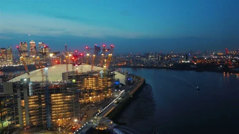 Early evening aerial shot featuring the North Greenwich peninsula Stock Footage
