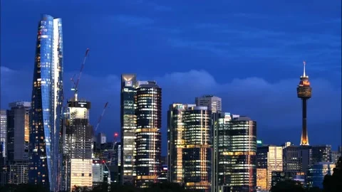 Early evening to night Sydney city skyline time lapse 4K Stockbeeldmateriaal 166370257