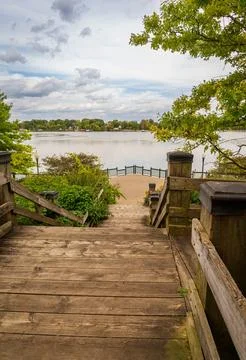 Early fall colors on overlook deck river view Stock Photos