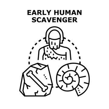 Early human discovering bone and ammonite fossils 스톡 일러스트