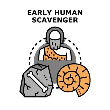 Early human discovering bone and ammonite fossils 스톡 일러스트