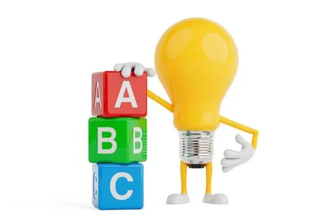 Early Learning Concept. Yellow Light Bulb Character Holding Alphabet Blocks.. イラスト素材