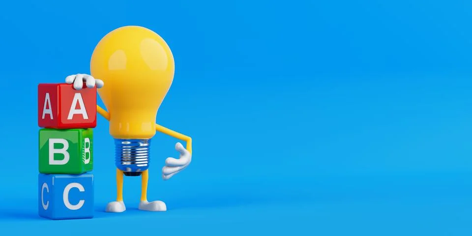 Early Learning Concept. Yellow Light Bulb Character Holding Alphabet Blocks.. Stock Illustration