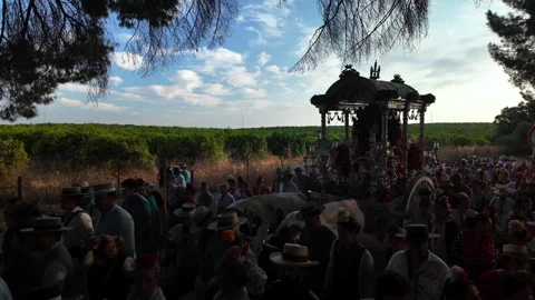 Early light reveals the path of devotion as the Rocío procession continues in Video stock 324494666