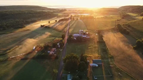 Early in the morning, drones fly over farmhouses, fields and pastures as the gol Stock Footage 170938890