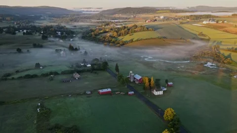 Early in the morning, drones fly over farmhouses, fields and pastures as the gol Stock Footage 170938932