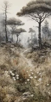 Early morning in the forest on a path Ilustración de archivo