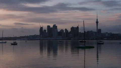 Early morning light reflection over Auckland Harbor. Stock Footage 254936241