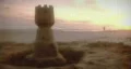 Early morning sunrise on beach with sandcastle and Jogger. HD Footage