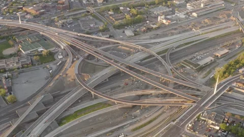 Early Morning Turcot Interchange Highways and Rail Yard From Above Stock Footage 345268961