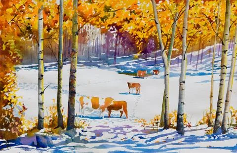 Early snow and cattle Stock Illustration