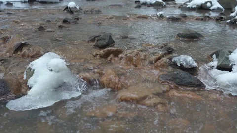 Early spring and melting snow. Water flows between rocks and ice. A natural Stockbeeldmateriaal 329552995