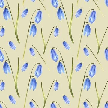 Early spring flowers, squills, scilla, snowdrops seamless pattern Watercolor Stock Illustration