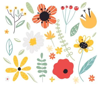 Early spring forest and garden flower.Set of decorative floral design elements 库存插图