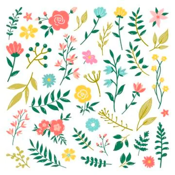 Early spring forest and garden flowers isolated on white vector set. Illustra イラスト素材