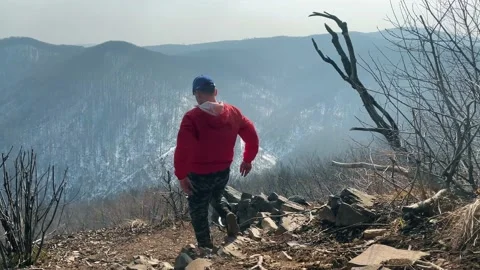 Early spring forest. A man in a red jacket hiking the mount. Stockbeeldmateriaal 151649545
