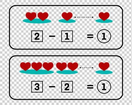Early subtraction learning illustration using heart icons to teach basic math Stock Illustration